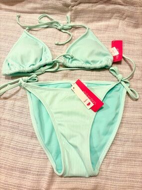 Xhilaration Mint Green Ribbed Triangle String Bikini